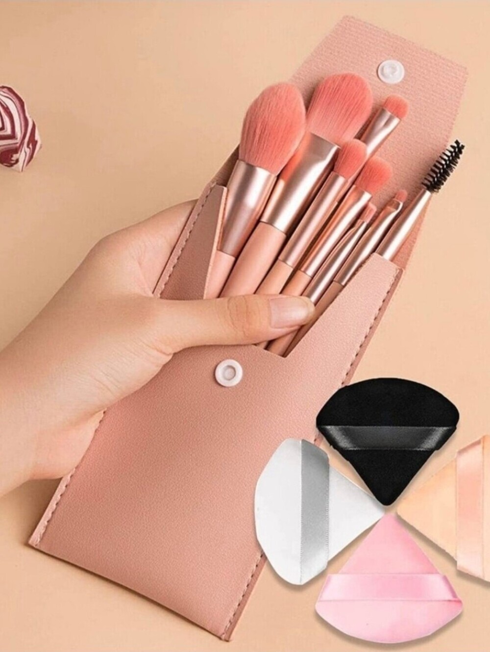 8-Piece Pink Makeup Brush Set with Travel Case & Powder Puffs | Cosmetic Brushes